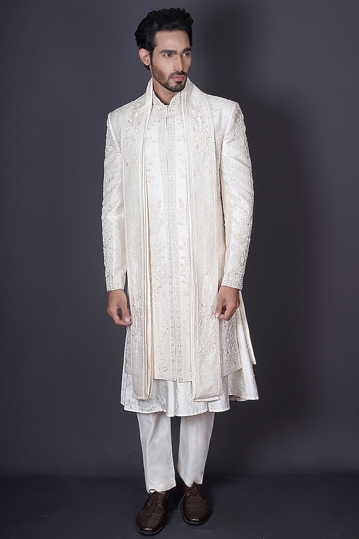 Ivory Raw Silk Sequins Hand Embroidered Groom Sherwani Set by Archana Kochhar Men at Pernia's Pop Up Shop