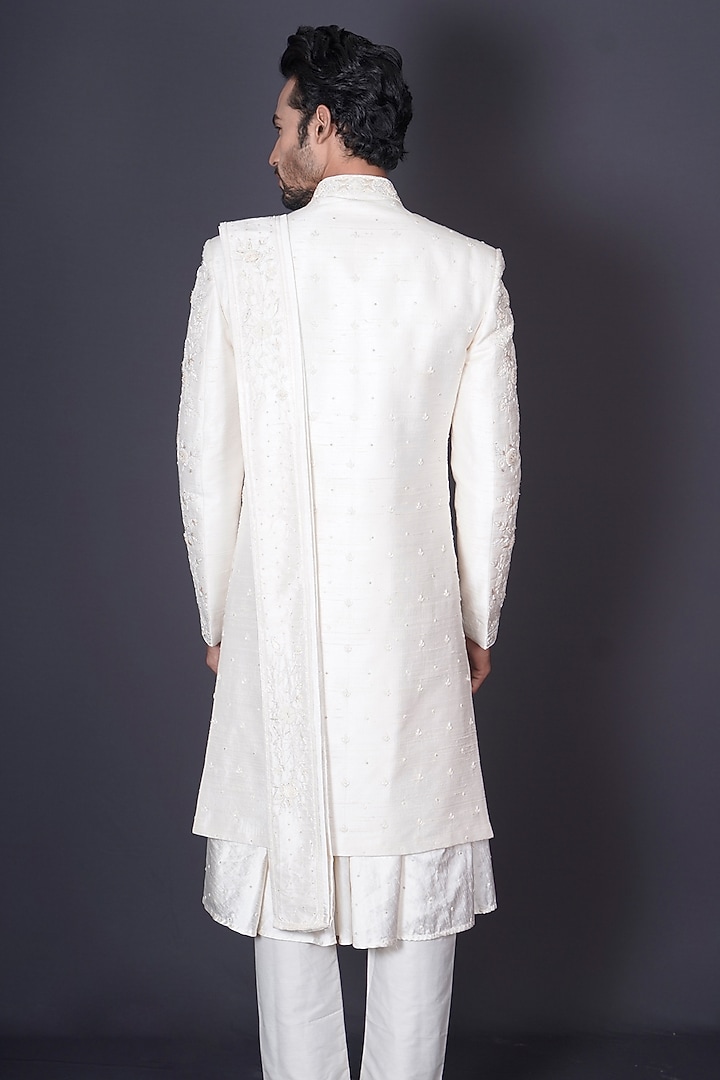 Ivory Raw Silk Sequins Hand Embroidered Groom Sherwani Set by Archana Kochhar Men at Pernia's Pop Up Shop