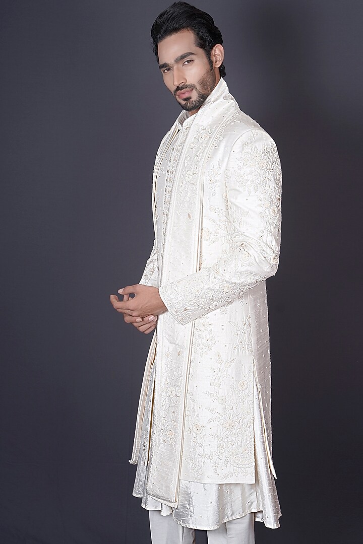 Ivory Raw Silk Sequins Hand Embroidered Groom Sherwani Set by Archana Kochhar Men at Pernia's Pop Up Shop