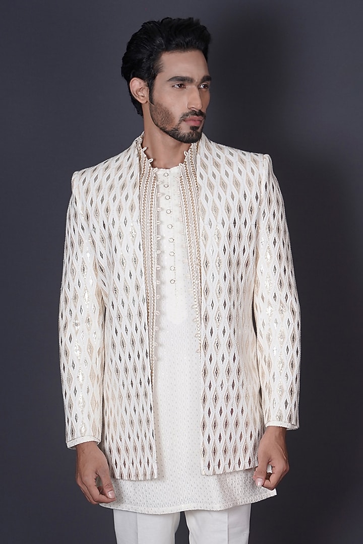 Ivory Raw Silk Gota Embroidered Indo-Western Set by Archana Kochhar Men at Pernia's Pop Up Shop
