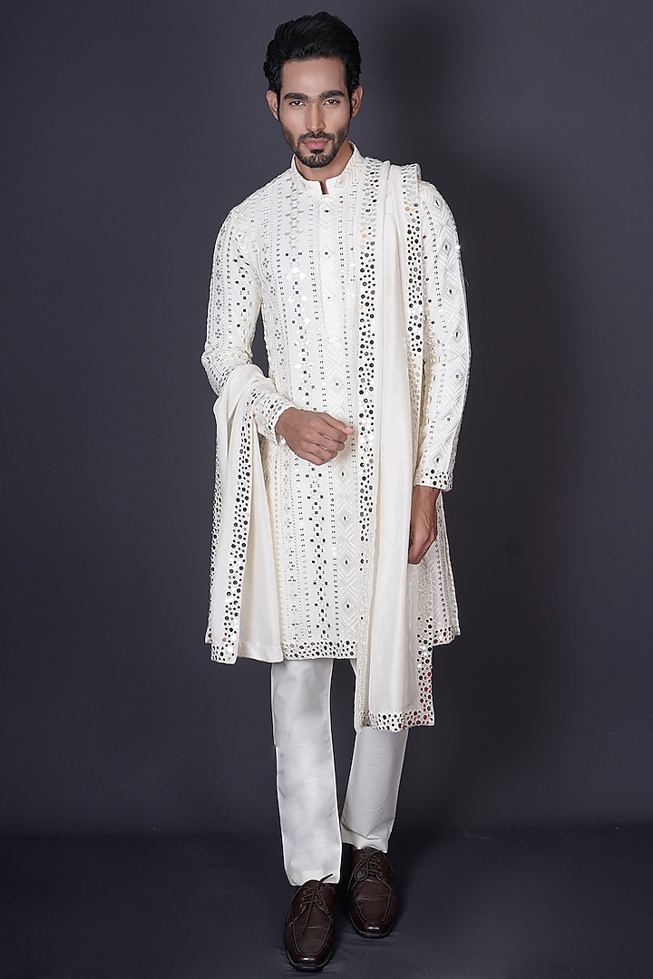 Ivory Georgette Mirror Embroidered Kurta Set by Archana Kochhar Men