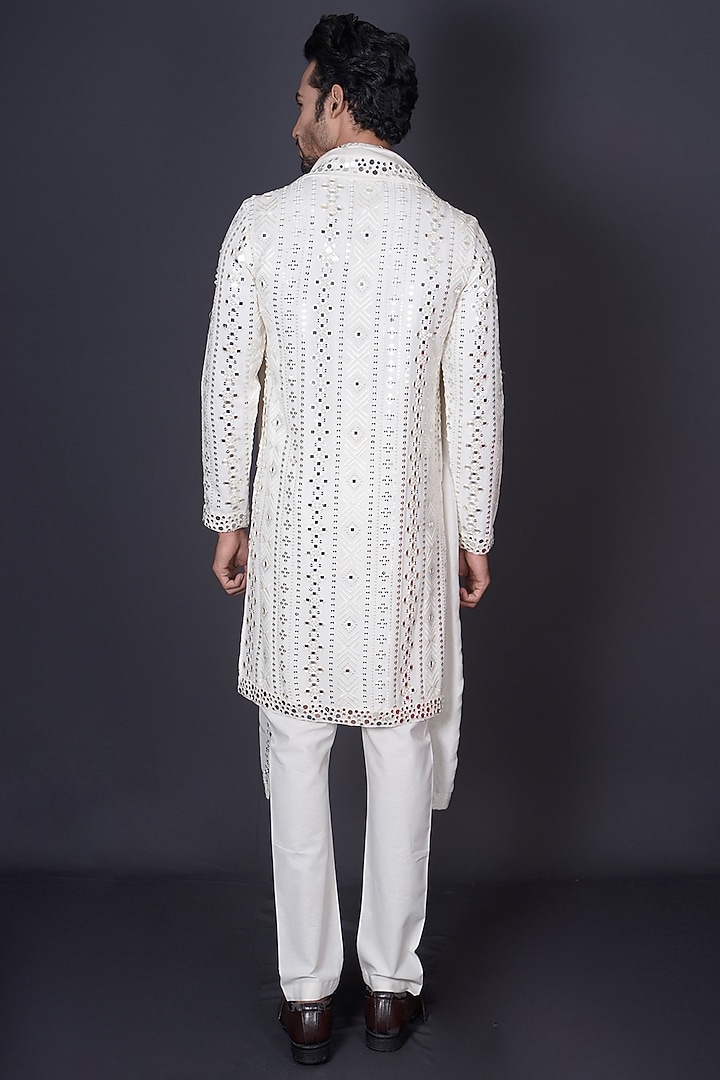 Ivory Georgette Mirror Embroidered Kurta Set by Archana Kochhar Men at Pernia's Pop Up Shop