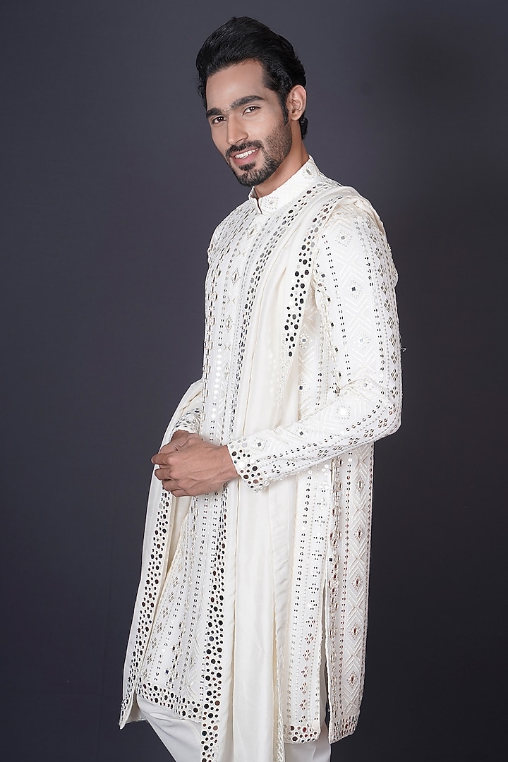 Ivory Georgette Mirror Embroidered Kurta Set by Archana Kochhar Men at Pernia's Pop Up Shop