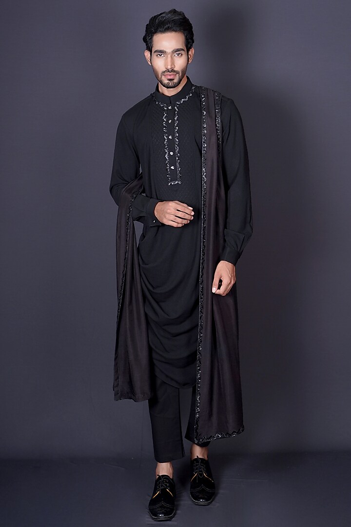 Black Lycra Mirror Work Cowl Draped Kurta Set by Archana Kochhar Men at Pernia's Pop Up Shop