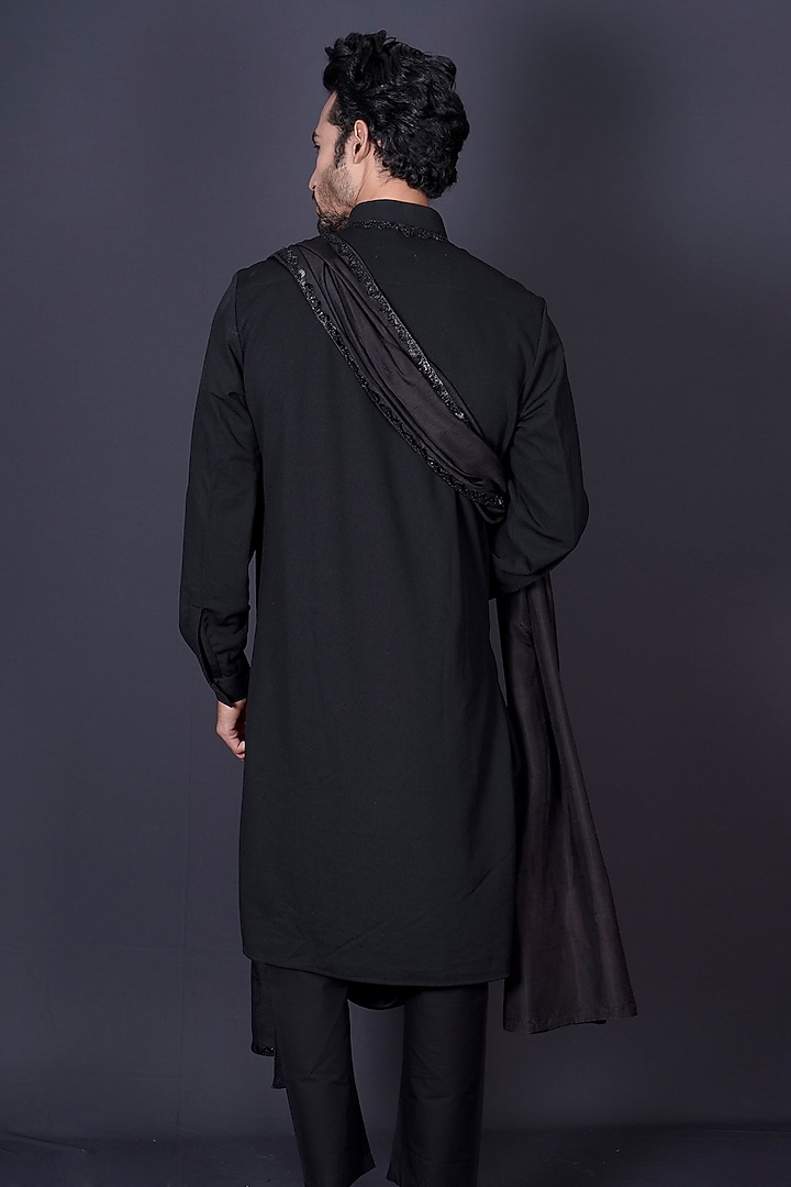 Black Lycra Mirror Work Cowl Draped Kurta Set by Archana Kochhar Men at Pernia's Pop Up Shop