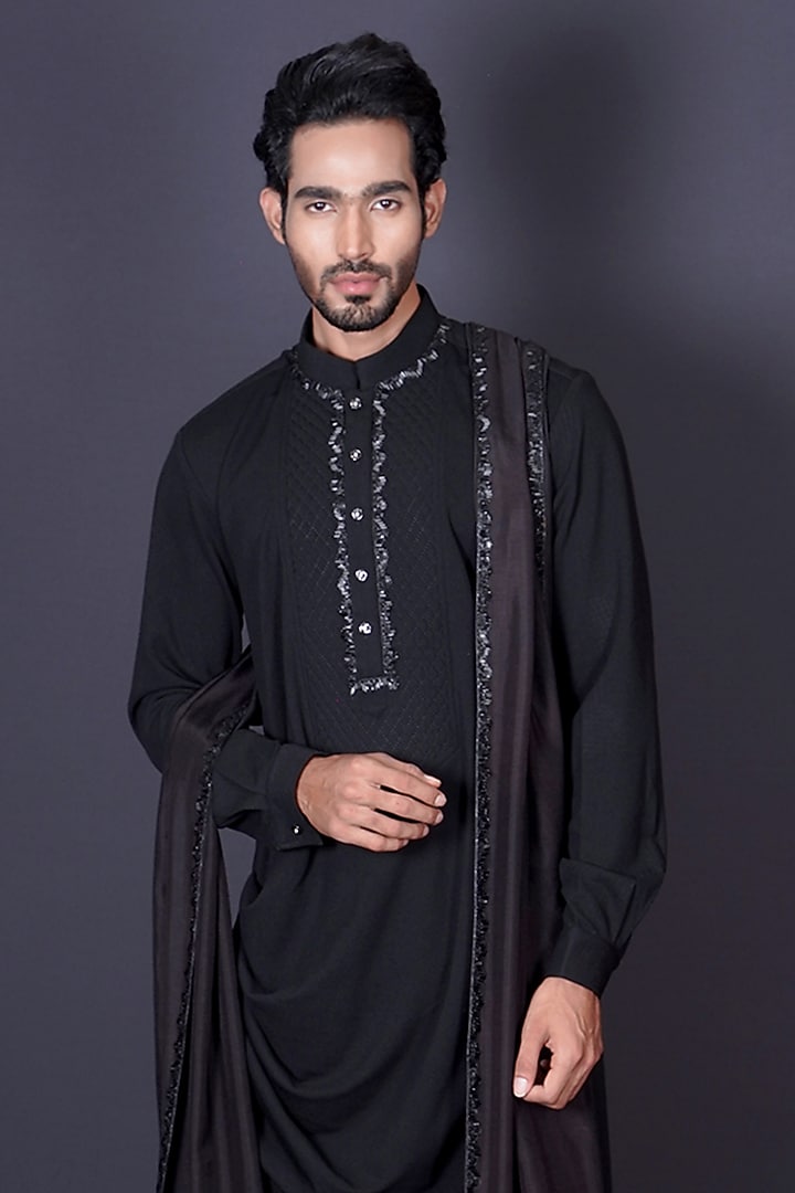 Black Lycra Mirror Work Cowl Draped Kurta Set by Archana Kochhar Men at Pernia's Pop Up Shop