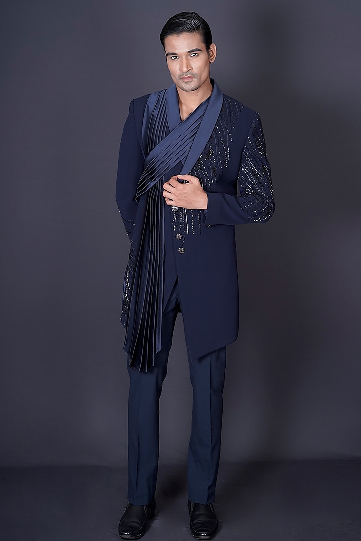 Navy Blue Italian Suiting Fabric Hand Embroidered Bandhgala Set by Archana Kochhar Men at Pernia's Pop Up Shop