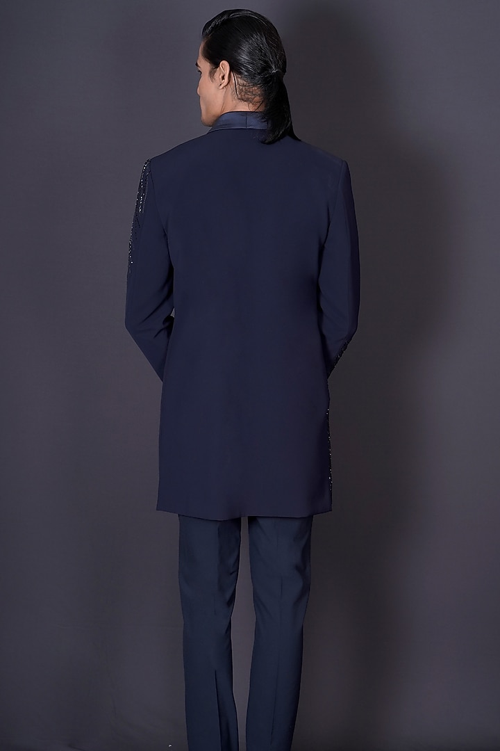 Navy Blue Italian Suiting Fabric Hand Embroidered Groom Bandhgala Set by Archana Kochhar Men at Pernia's Pop Up Shop