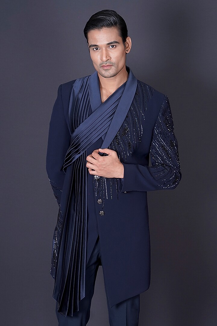 Navy Blue Italian Suiting Fabric Hand Embroidered Groom Bandhgala Set by Archana Kochhar Men at Pernia's Pop Up Shop