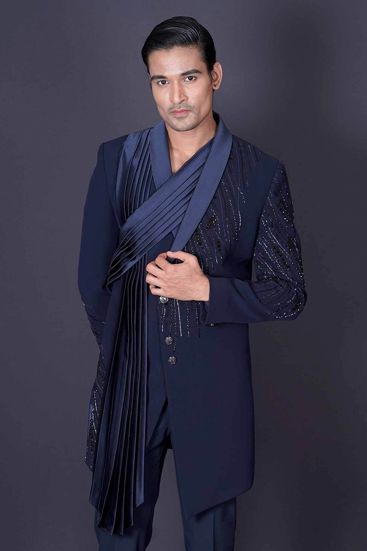 Navy Blue Italian Suiting Fabric Hand Embroidered Bandhgala Set by