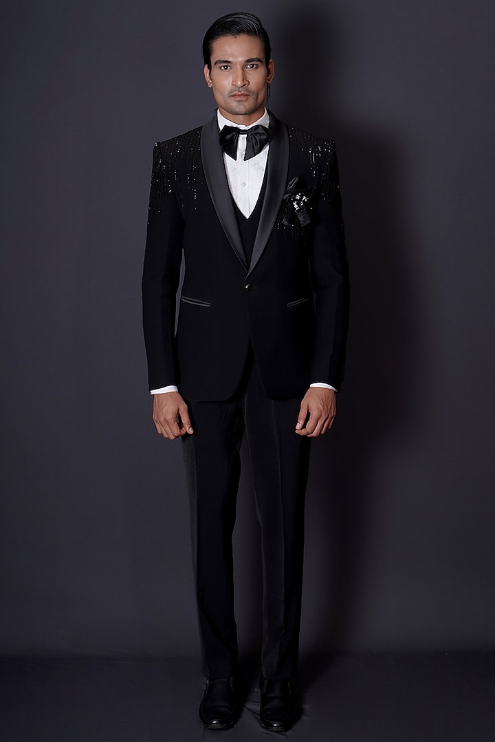 Black Italian Suiting Fabric Cutdana Embroidered Tuxedo Set by Archana Kochhar Men