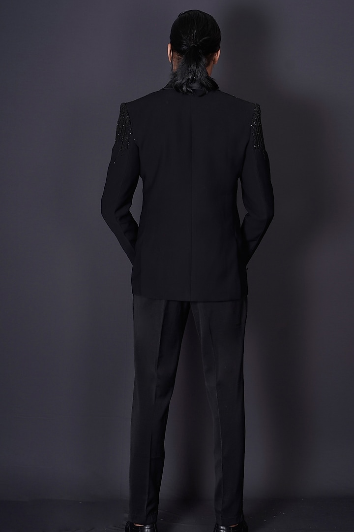 Black Italian Suiting Fabric Cutdana Embroidered Tuxedo Set by Archana Kochhar Men at Pernia's Pop Up Shop