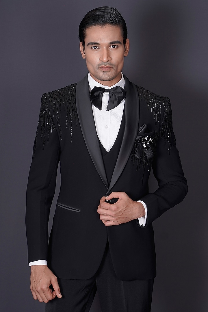 Black Italian Suiting Fabric Cutdana Embroidered Tuxedo Set by Archana Kochhar Men at Pernia's Pop Up Shop