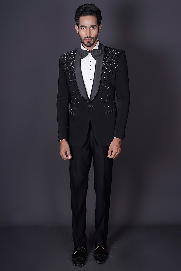 Black Italian Suiting Fabric Stone Hand Embroidered Tuxedo Set by Archana Kochhar Men