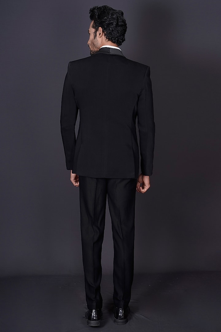 Black Italian Suiting Fabric Stone Hand Embroidered Tuxedo Set by Archana Kochhar Men at Pernia's Pop Up Shop