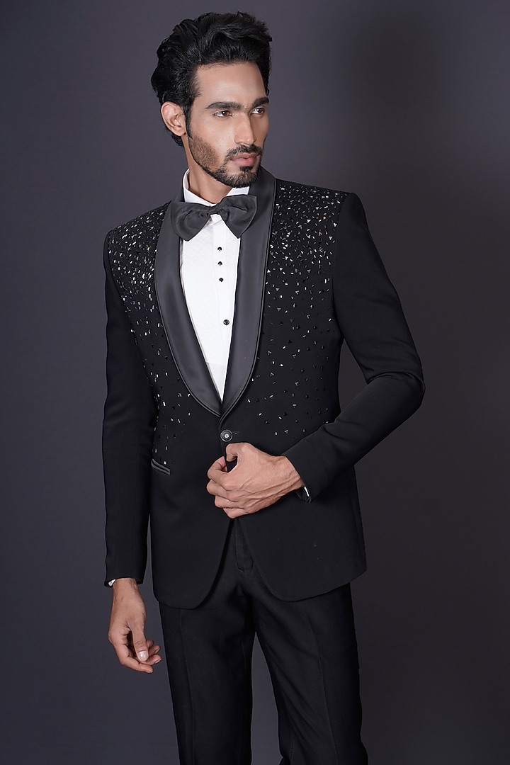Black Italian Suiting Fabric Stone Hand Embroidered Tuxedo Set by Archana Kochhar Men at Pernia's Pop Up Shop