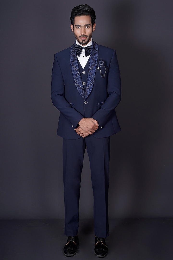 Navy Blue Italian Suiting Fabric Cutdana Hand Embroidered Tuxedo Set by Archana Kochhar Men