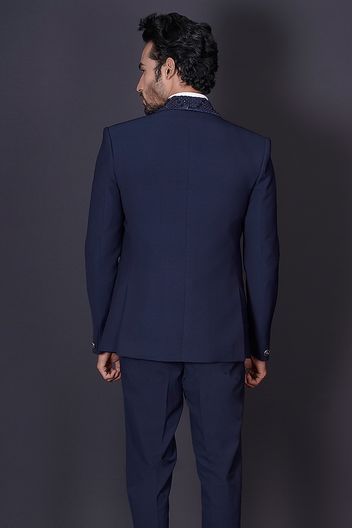Navy Blue Italian Suiting Fabric Cutdana Hand Embroidered Tuxedo Set by Archana Kochhar Men at Pernia's Pop Up Shop