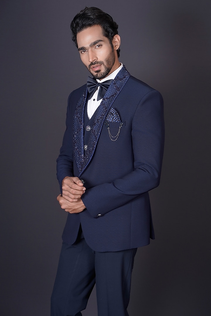 Navy Blue Italian Suiting Fabric Cutdana Hand Embroidered Tuxedo Set by Archana Kochhar Men at Pernia's Pop Up Shop