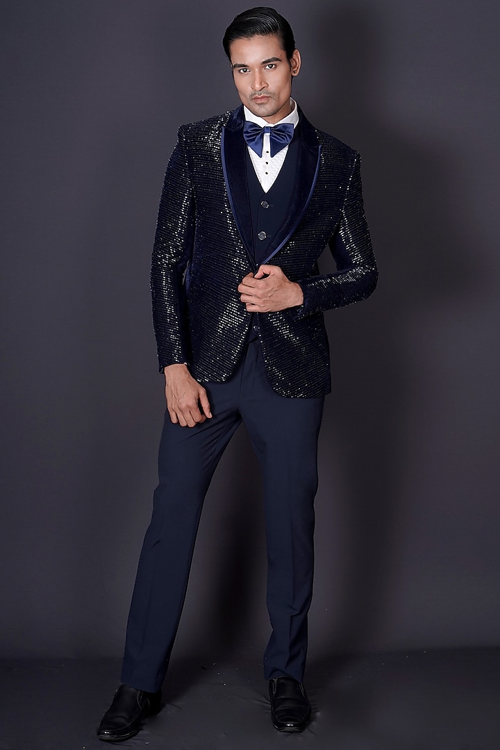 Black Italian Suiting Fabric Cutdana Embroidered Tuxedo Set by Archana Kochhar Men