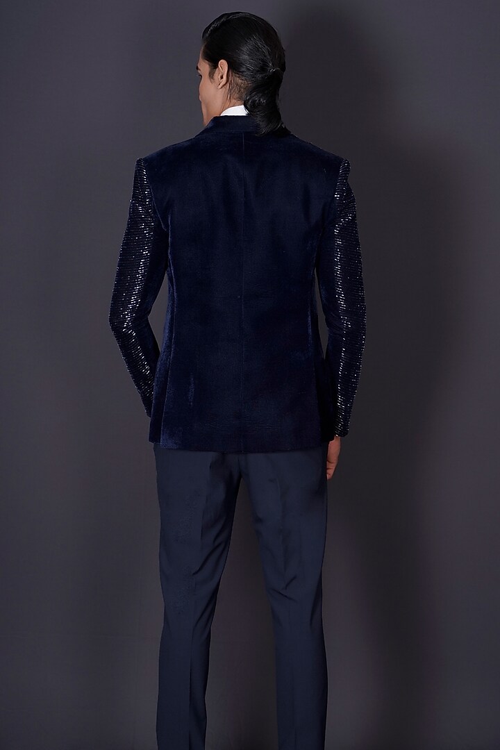 Black Italian Suiting Fabric Cutdana Embroidered Tuxedo Set by Archana Kochhar Men at Pernia's Pop Up Shop