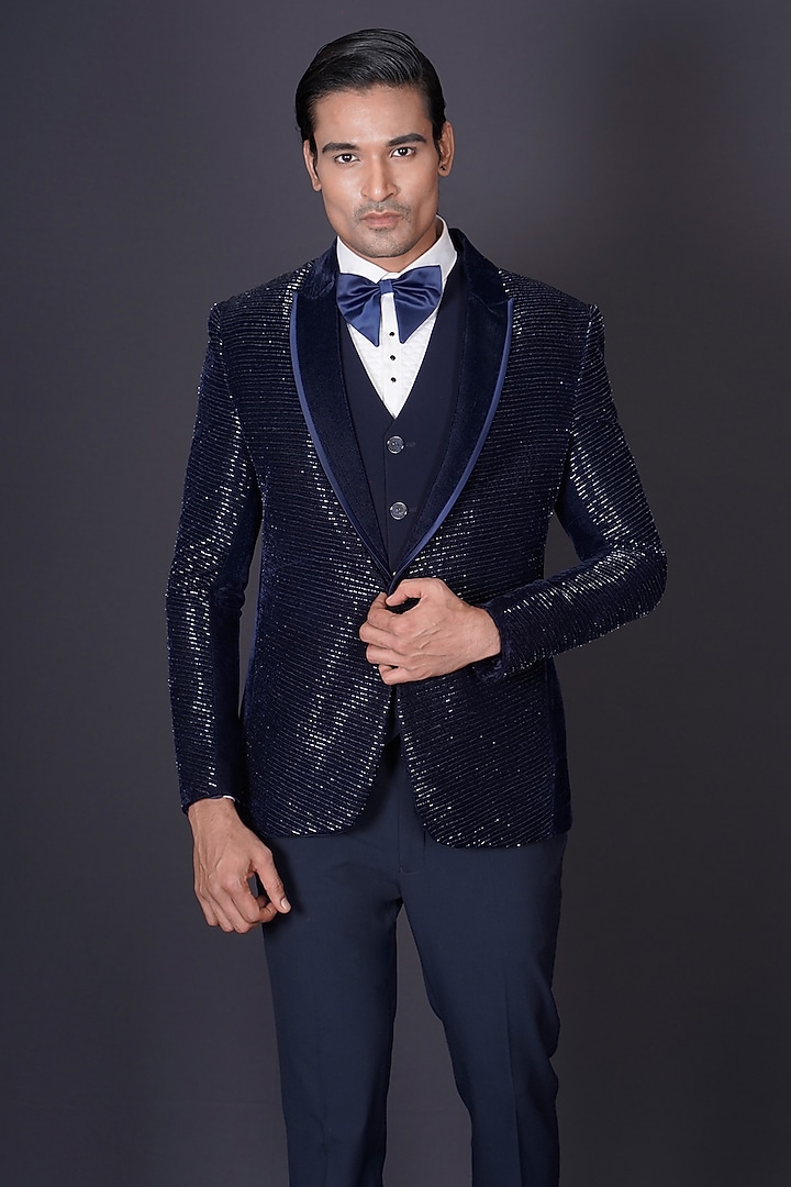 Black Italian Suiting Fabric Cutdana Embroidered Tuxedo Set by Archana Kochhar Men at Pernia's Pop Up Shop