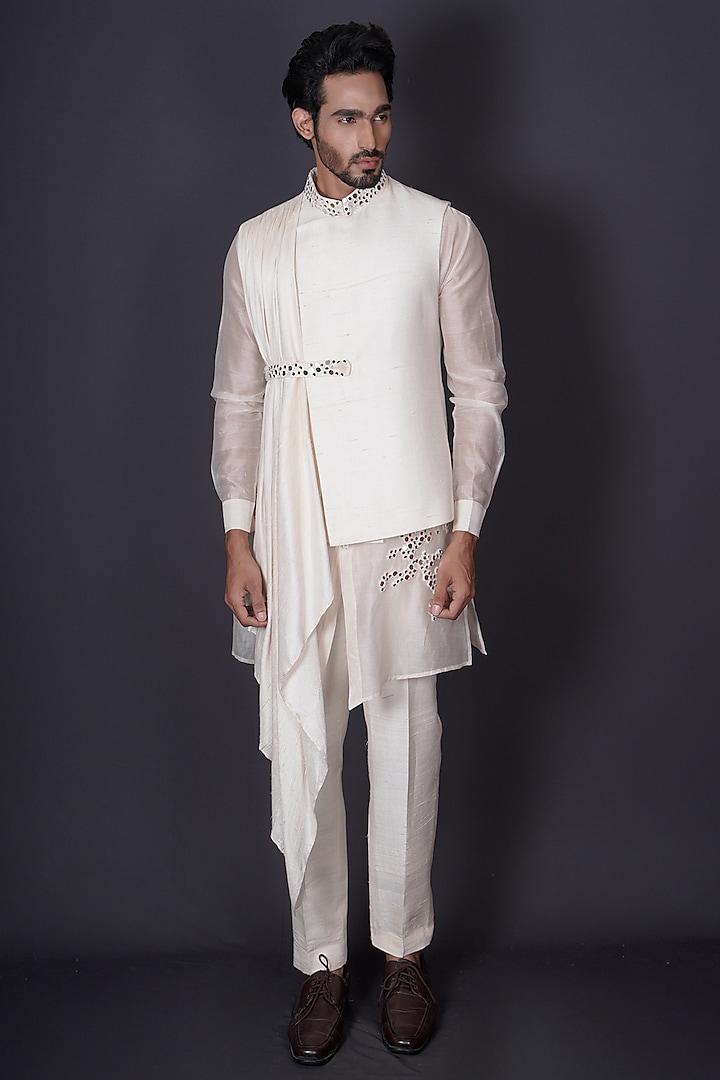 Ivory Raw Silk Mirror Work Asymmetric Indo-Western Set by Archana Kochhar Men at Pernia's Pop Up Shop