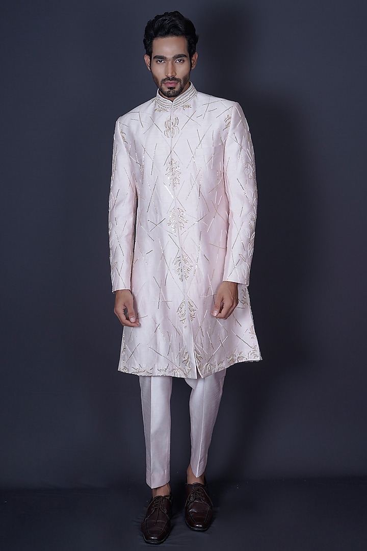 Soft Pink Raw Silk Cutdana Hand Embroidered Groom Sherwani Set by Archana Kochhar Men at Pernia's Pop Up Shop