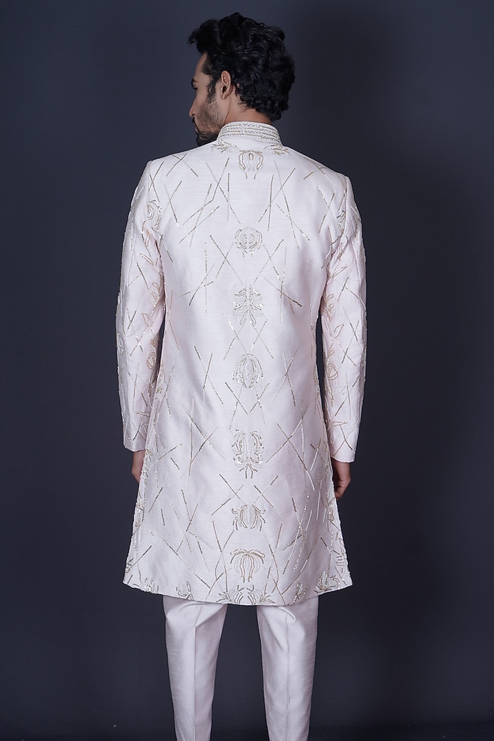 Soft Pink Raw Silk Cutdana Hand Embroidered Groom Sherwani Set by Archana Kochhar Men at Pernia's Pop Up Shop