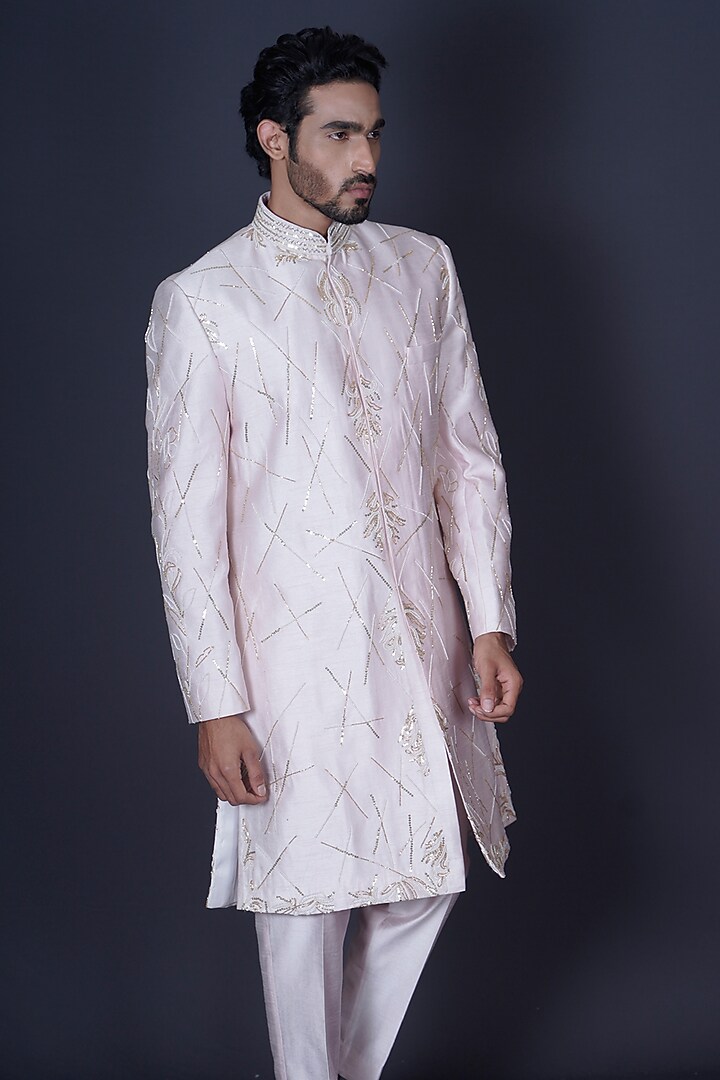 Soft Pink Raw Silk Cutdana Hand Embroidered Groom Sherwani Set by Archana Kochhar Men at Pernia's Pop Up Shop