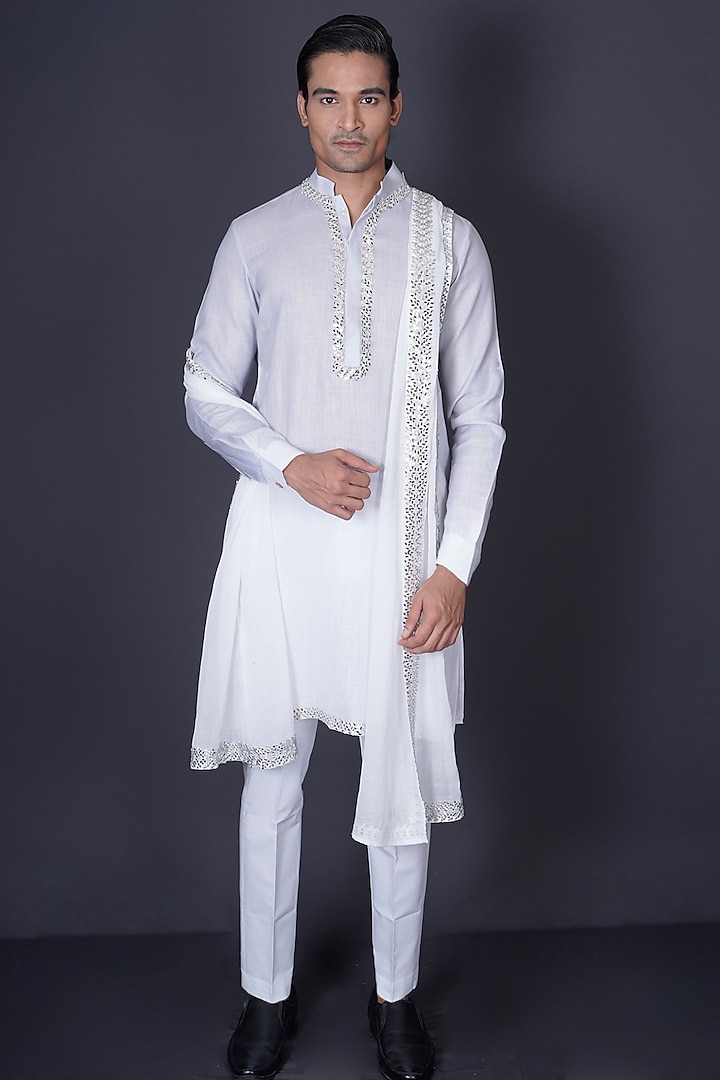 Grey & Ivory Ombre Linen Mirror Work Kurta Set by Archana Kochhar Men