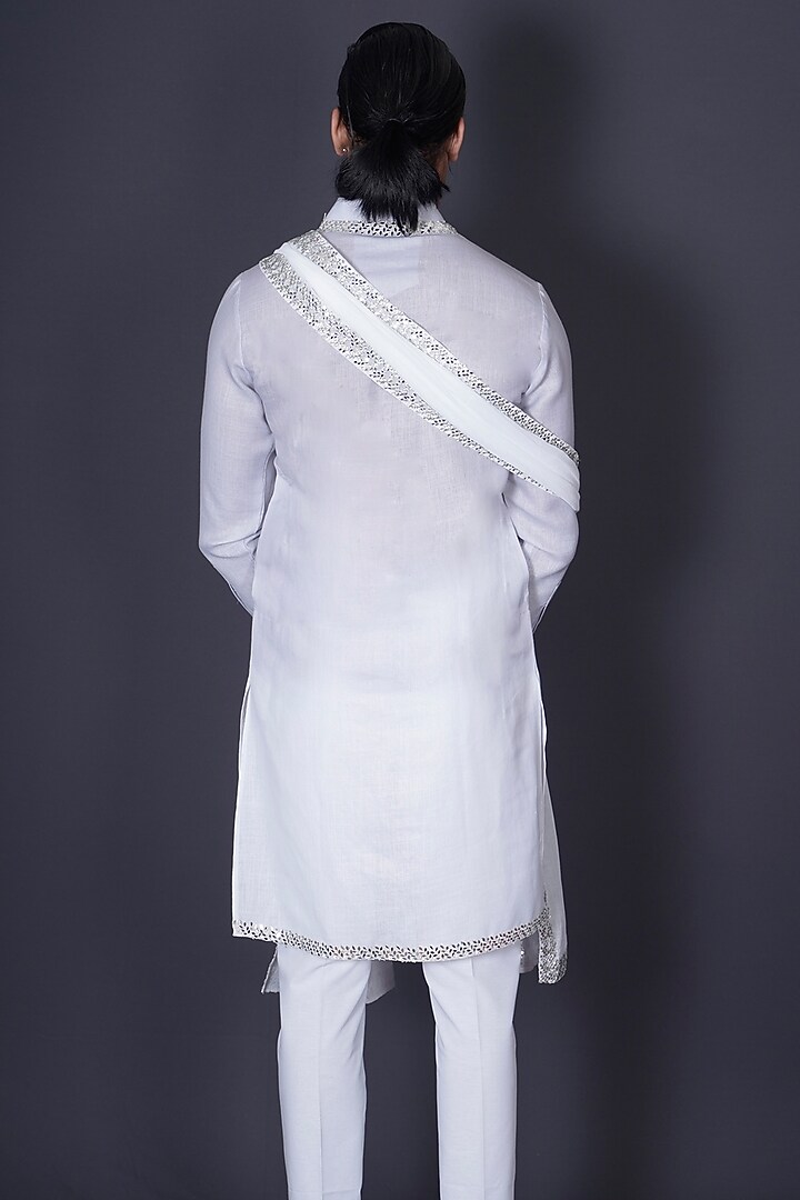 Grey & Ivory Ombre Linen Mirror Work Kurta Set by Archana Kochhar Men at Pernia's Pop Up Shop