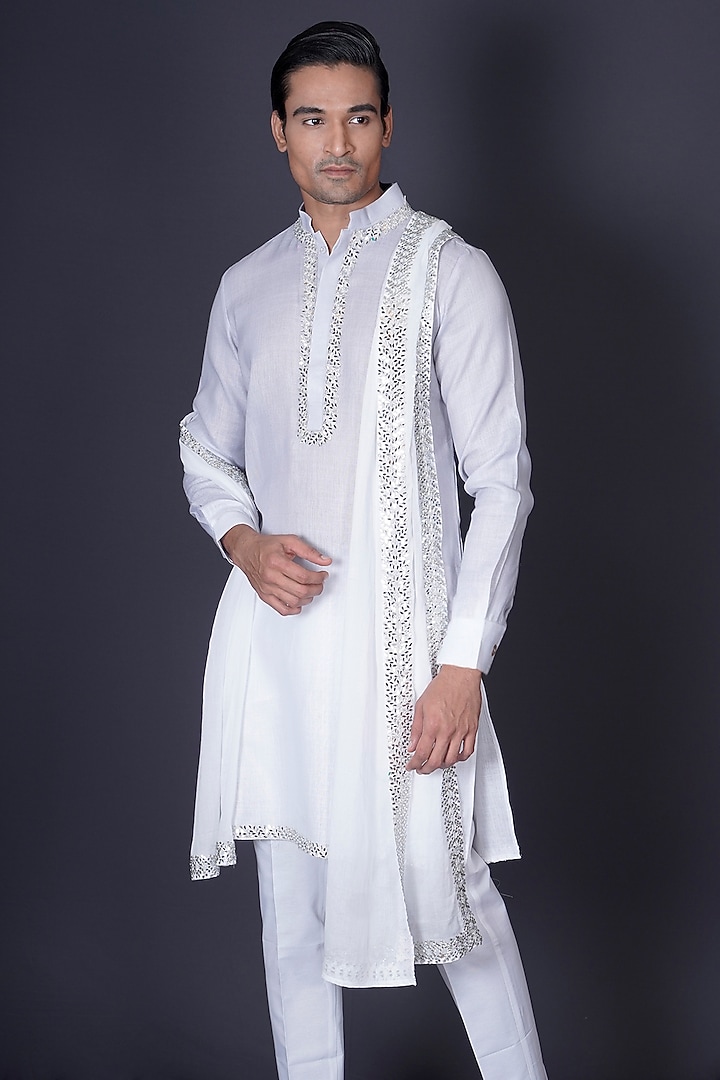 Grey & Ivory Ombre Linen Mirror Work Kurta Set by Archana Kochhar Men at Pernia's Pop Up Shop