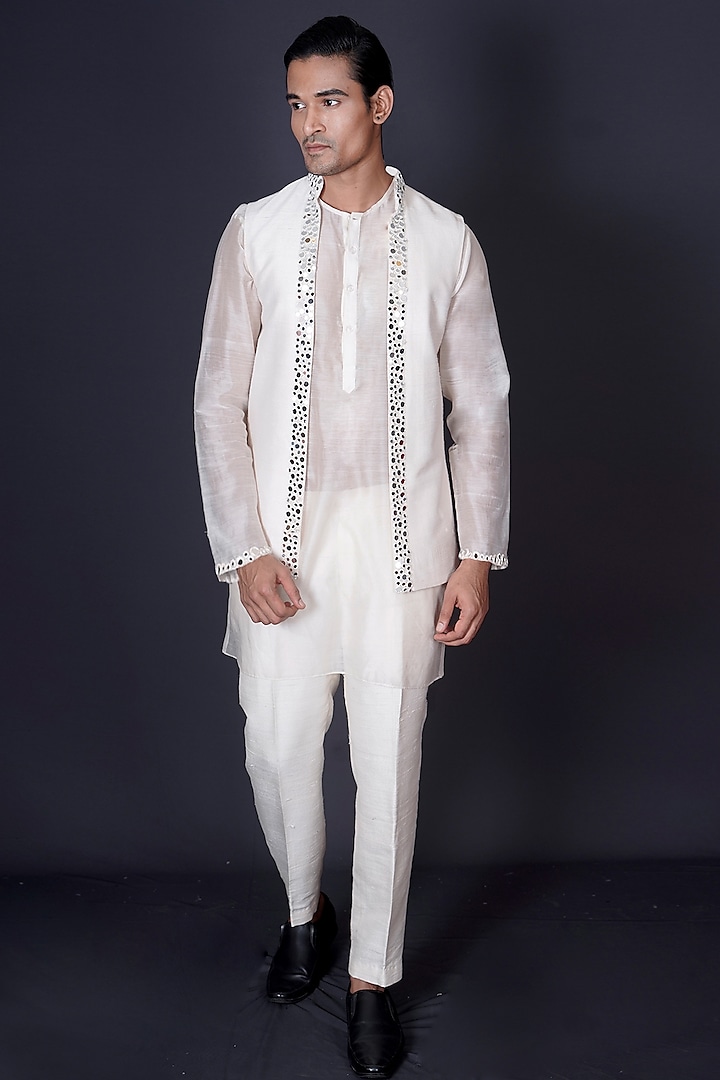 Ivory Raw Silk Mirror Work Bundi Jacket Set by Archana Kochhar Men at Pernia's Pop Up Shop