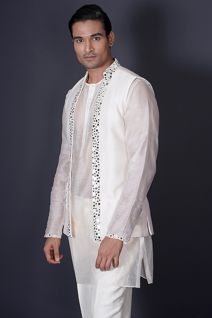 Ivory Raw Silk Mirror Work Bundi Jacket Set by Archana Kochhar Men at Pernia's Pop Up Shop