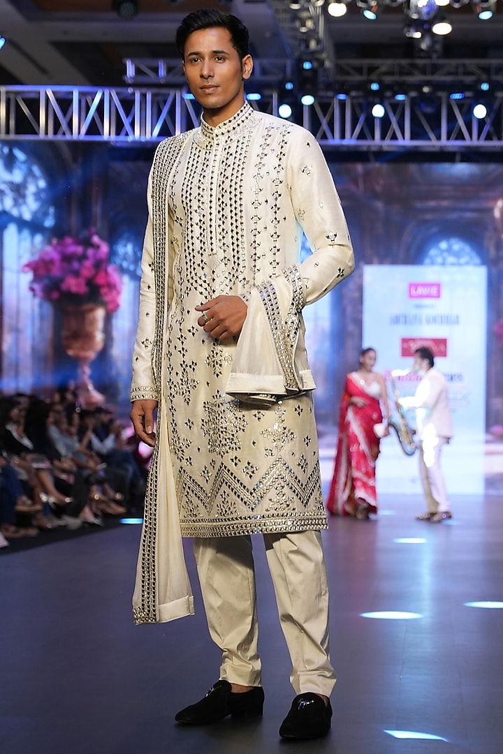 Ivory Raw Silk Mirror Embroidered Kurta Set by Archana Kochhar Men