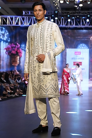 Ivory Raw Silk Mirror Embroidered Kurta Set by Archana Kochhar Men