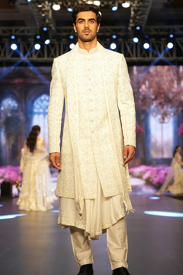 Ivory Silk Cutdana Hand Embroidered Groom Sherwani Set by Archana Kochhar Men at Pernia's Pop Up Shop