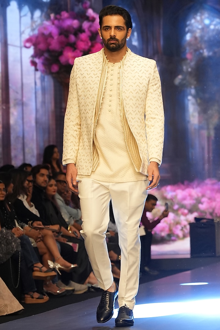 Ivory Raw Silk Stone Hand Embroidered Indo-Western Set by Archana Kochhar Men at Pernia's Pop Up Shop