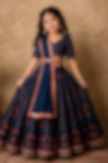Midnight Blue Raw Silk Digital Printed Lehenga Set For Girls by Archana Kochhar Kids at Pernia's Pop Up Shop