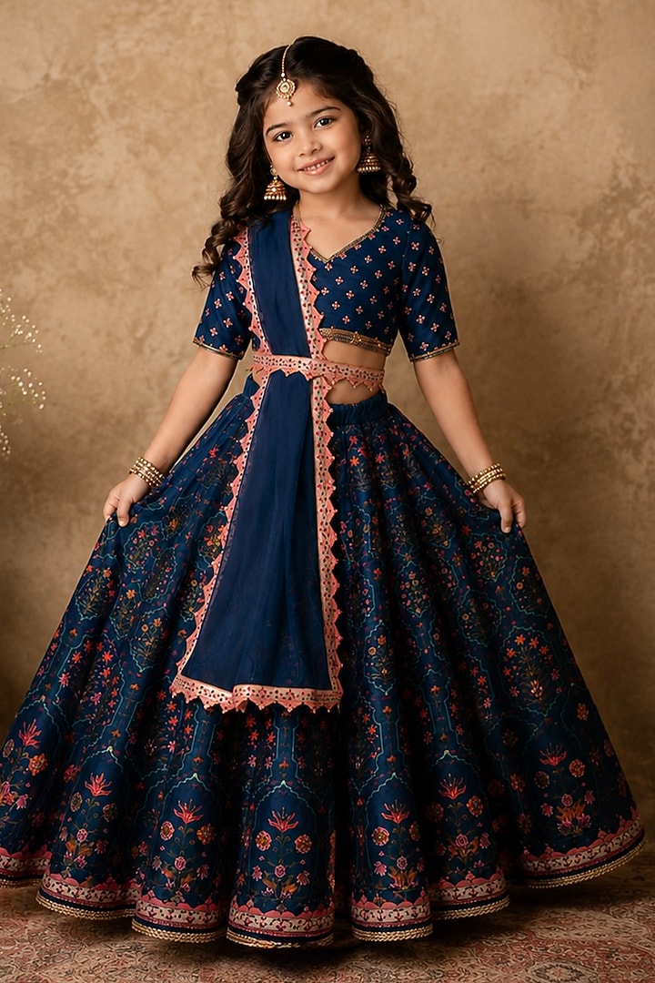 Midnight Blue Raw Silk Digital Printed Lehenga Set For Girls by Archana Kochhar Kids at Pernia's Pop Up Shop