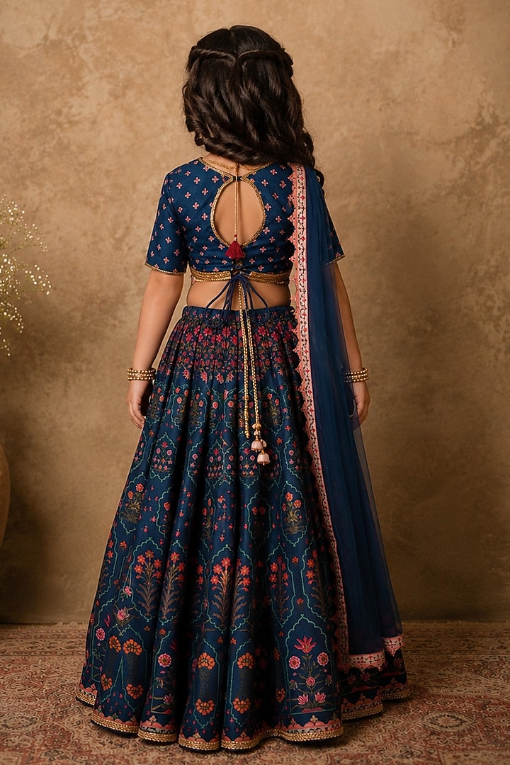 Midnight Blue Raw Silk Digital Printed Lehenga Set For Girls by Archana Kochhar Kids at Pernia's Pop Up Shop