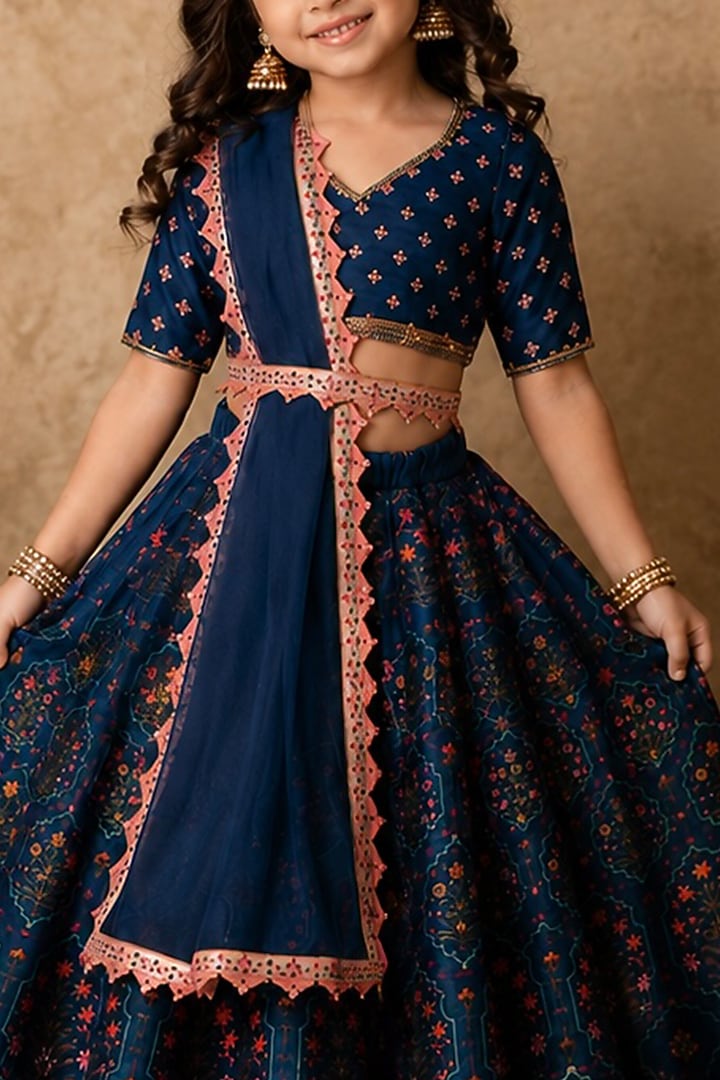 Midnight Blue Raw Silk Digital Printed Lehenga Set For Girls by Archana Kochhar Kids at Pernia's Pop Up Shop
