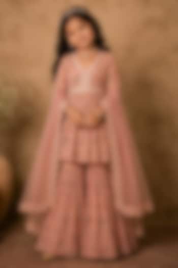 Pastel Pink Georgette Pearl Embellished Sharara Set For Girls by Archana Kochhar Kids at Pernia's Pop Up Shop