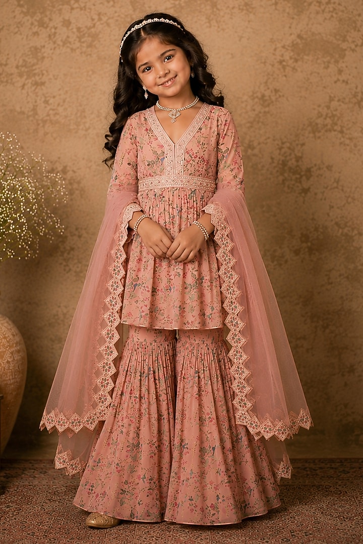 Pastel Pink Georgette Pearl Embellished Sharara Set For Girls by Archana Kochhar Kids at Pernia's Pop Up Shop