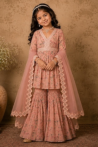 Pastel Pink Georgette Pearl Embellished Sharara Set For Girls by Archana Kochhar Kids
