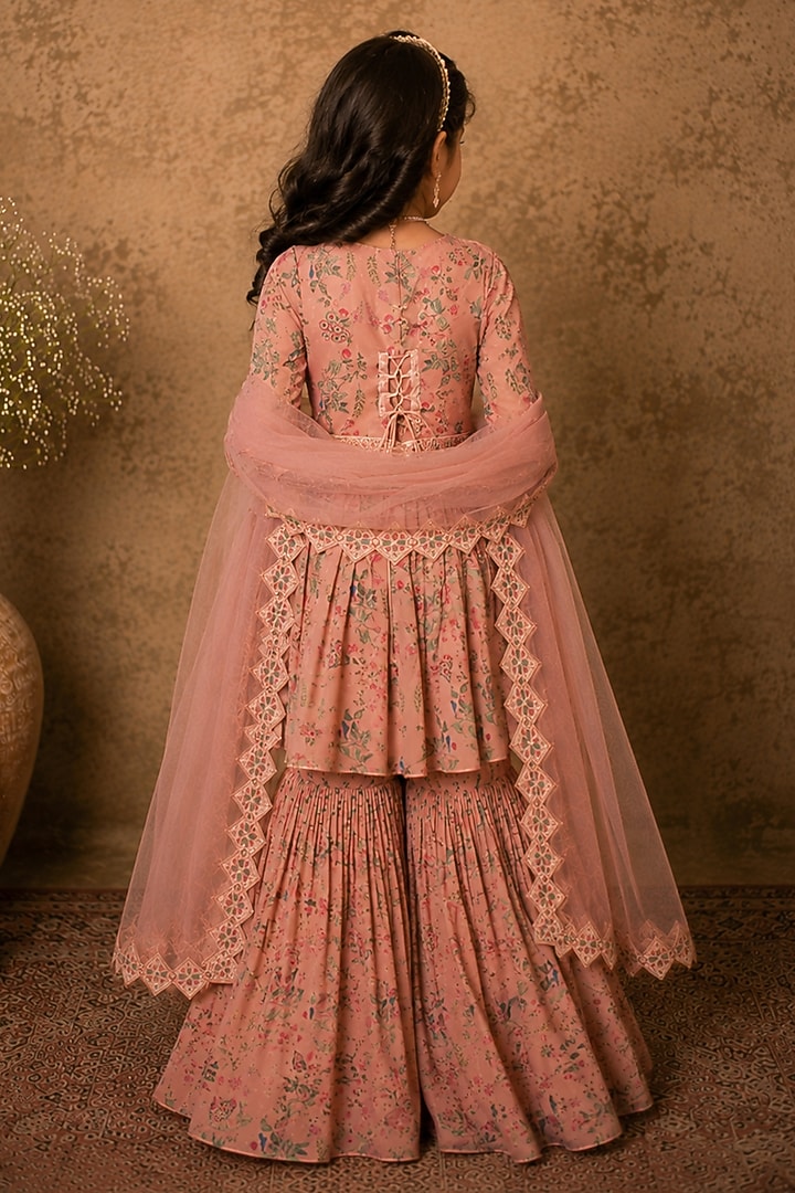 Pastel Pink Georgette Pearl Embellished Sharara Set For Girls by Archana Kochhar Kids at Pernia's Pop Up Shop