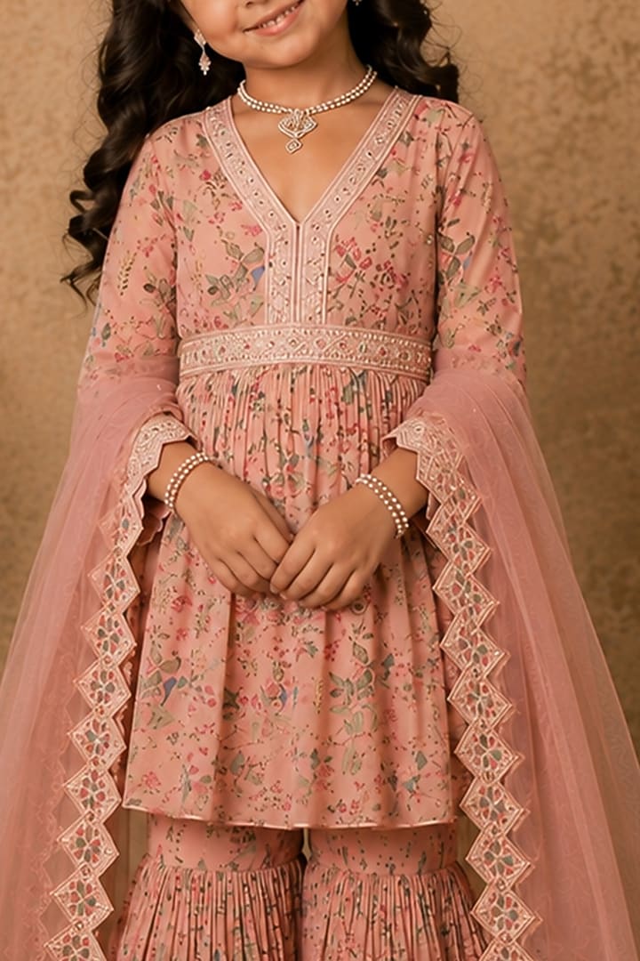 Pastel Pink Georgette Pearl Embellished Sharara Set For Girls by Archana Kochhar Kids at Pernia's Pop Up Shop
