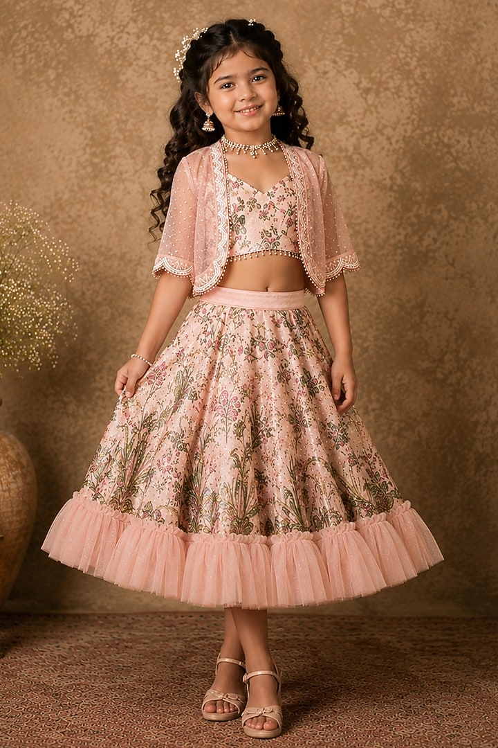 Pastel Pink Georgette Sequin Embellished Lehenga Set For Girls by Archana Kochhar Kids at Pernia's Pop Up Shop