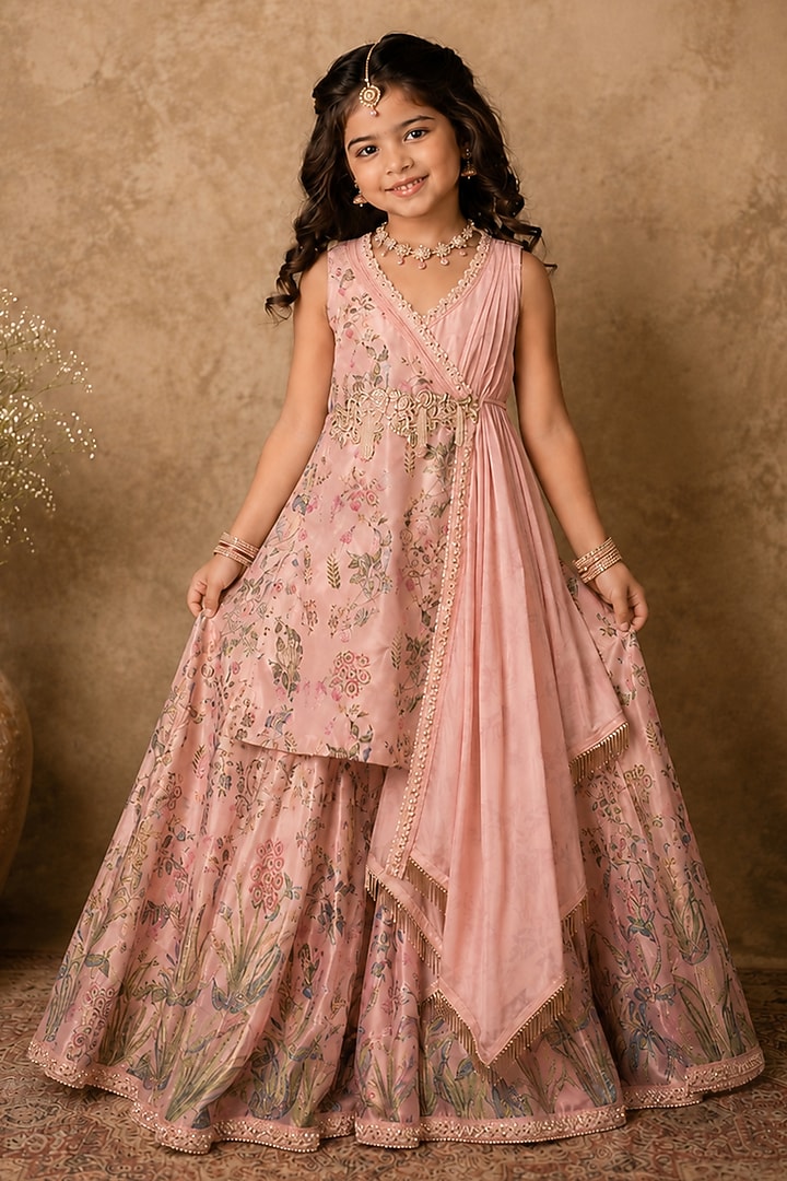 Pastel Pink Raw Silk Sequins Embroidered Sharara Set For Girls by Archana Kochhar Kids at Pernia's Pop Up Shop